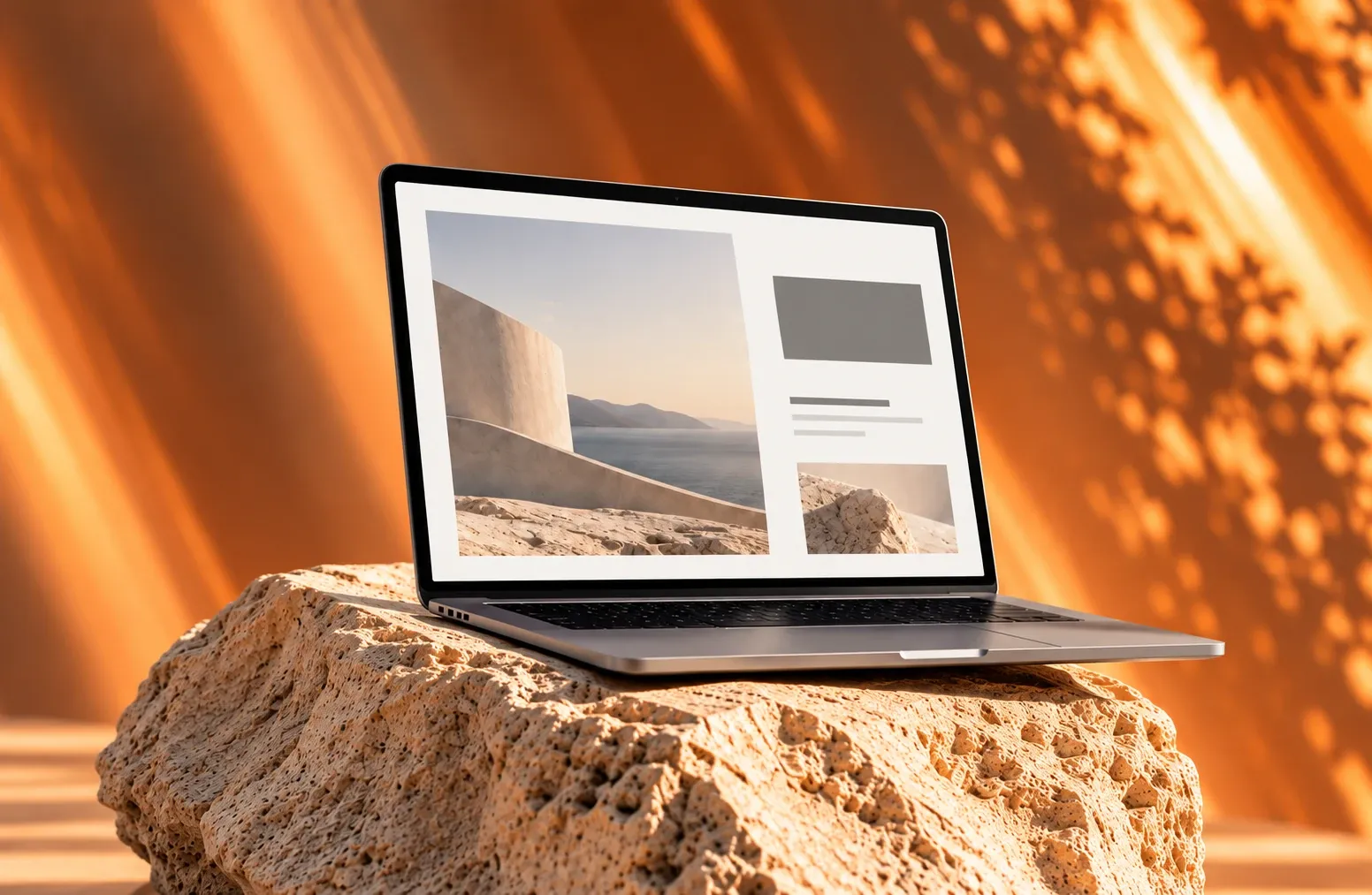 Website mockup on a laptop resting on a stone, in warm orange light