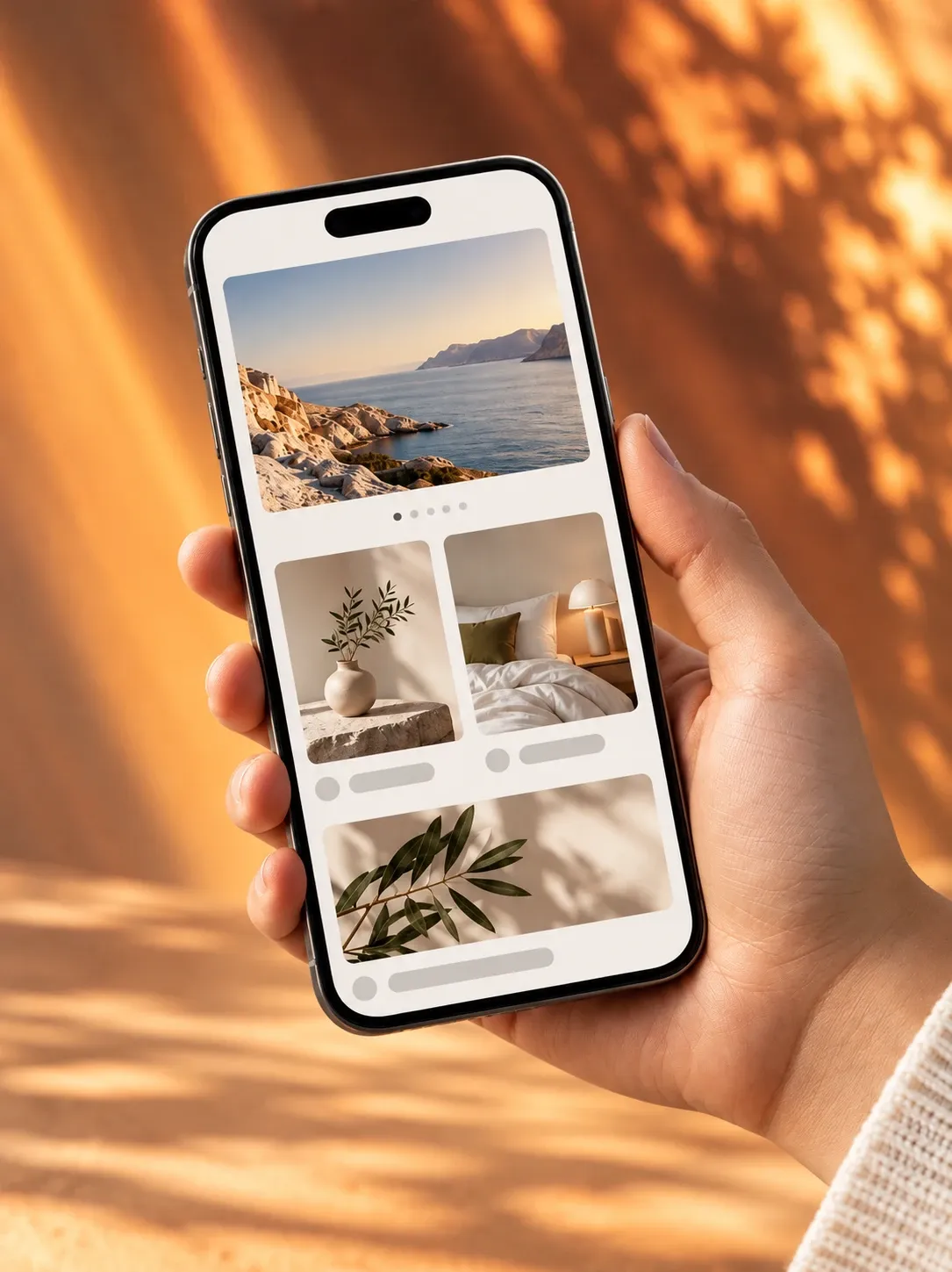 Website mockup on a hand-held smartphone, in warm orange light